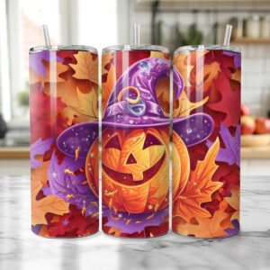 20oz Skinny Tumbler - Fall Leaves Jack-o-Lantern