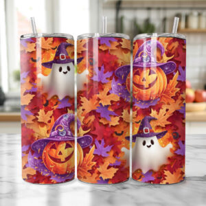 20oz Skinny Tumbler - Fall Leaves Ghost and Jack-o-Lantern