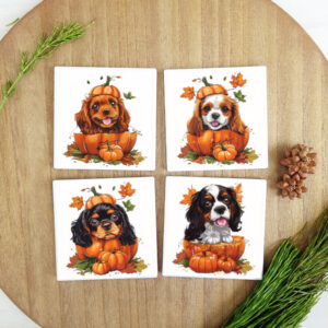 Square Ceramic Coasters - Cavaliers in Pumpkins