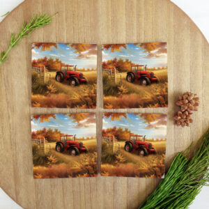 Square Ceramic Coasters - Fall Tractor in a Field