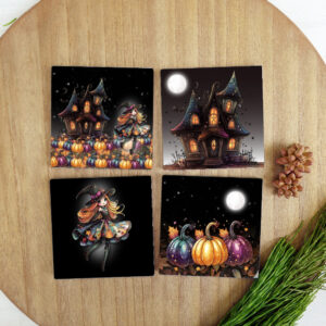 Square Ceramic Coasters - Haunted House Pretty Witch