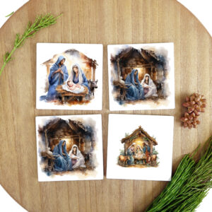 Square Ceramic Coasters - Watercolor Nativity